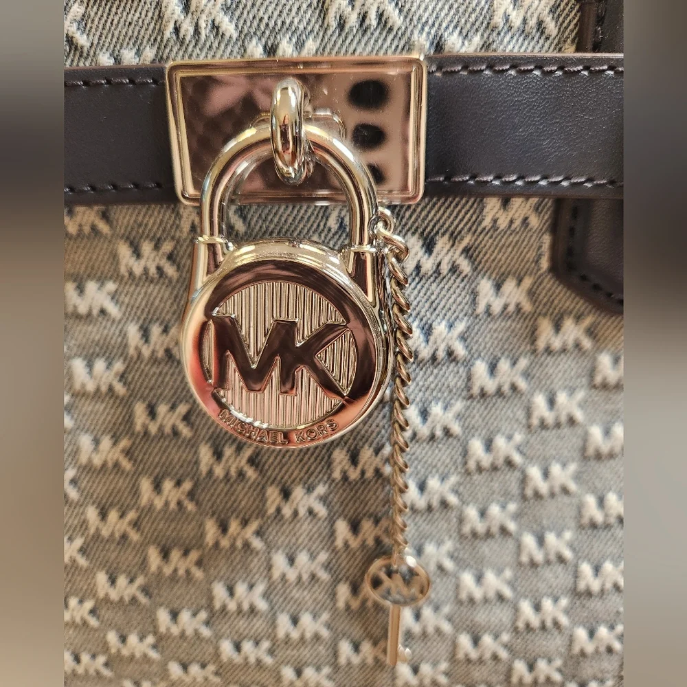 Michael Kors Hamilton Small Logo Embossed Washed Denim Satchel - Picture 3 of 13